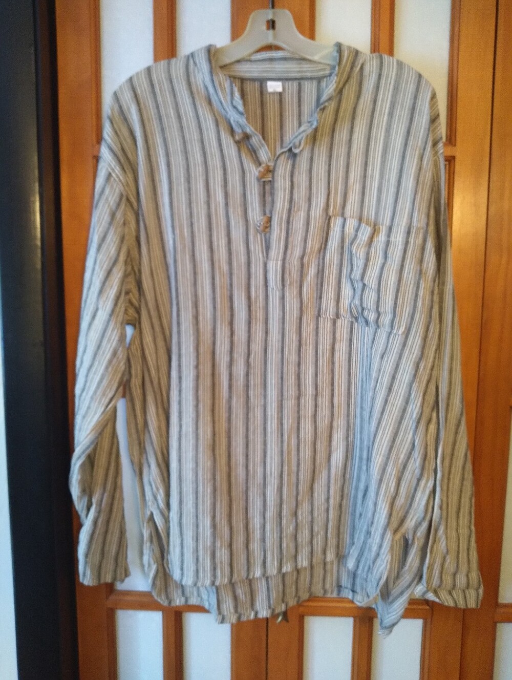 Men's 100% Cotton Beige And Black Striped  Shirt With Toggle Buttons, Sz X-LARGE